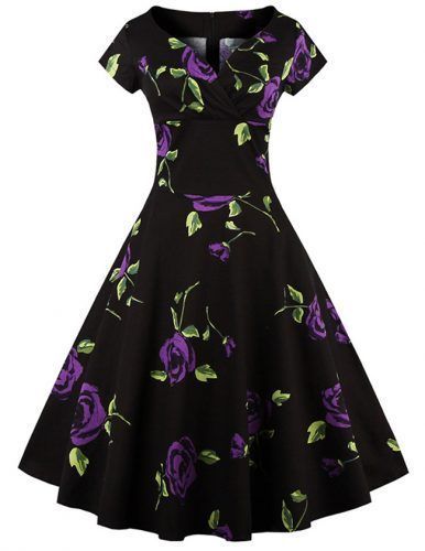 Vestido vintage negro con flores púrpuras Vestido vintage negro con flores púrpuras