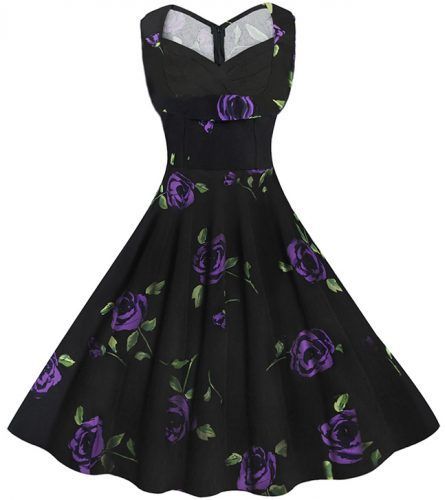 Vestido vintage negro con flores púrpuras Q11641 Vestido vintage negro con flores púrpuras Q11641