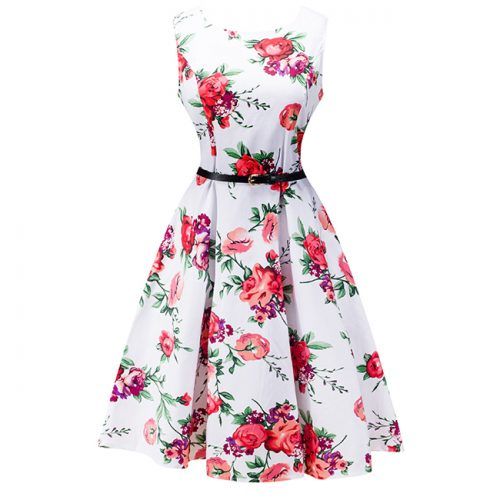 Vestido vintage blanco con motivos florales y cinturón Vestido vintage blanco con motivos florales y cinturón