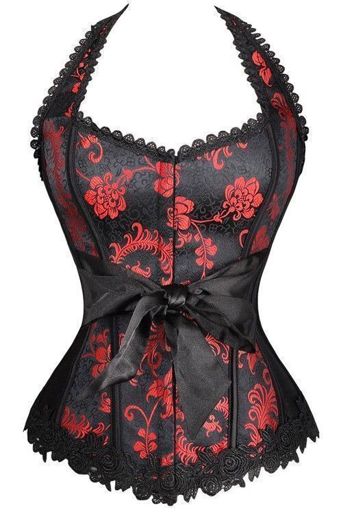 Corset negro con estampado floral rojo y tirantes