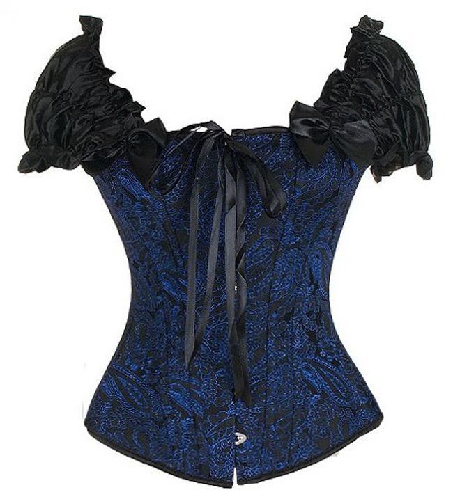 Corset negro con brocado azul y manguitas