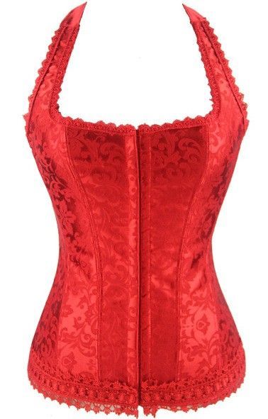 Corset en satén rojo con dibujo y anudado al cuello